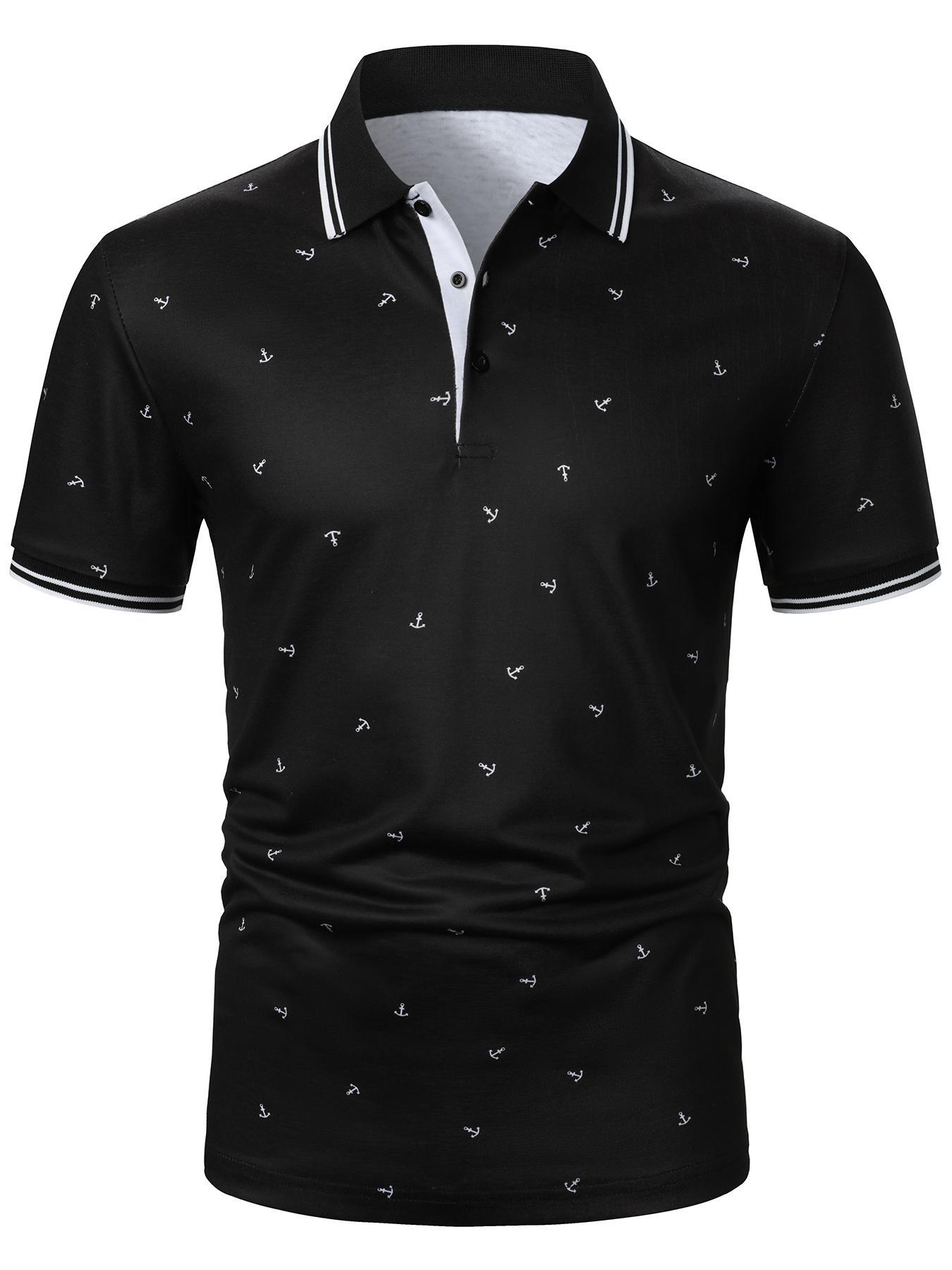 Men's Anchor Print Knit Polo Shirt, Regular Fit Casual Short Sleeve Collared Top for Summer, Fashion Men's Clothes for Daily Wear, Fitted