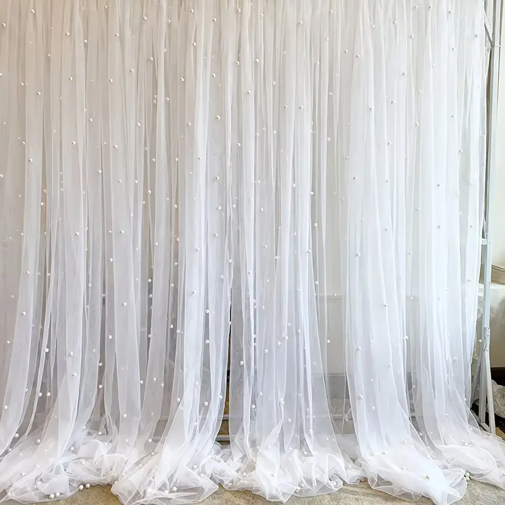 2pcs Pearl Curtain Rods, Breathable Mesh Door Curtains, Home Decor, Wedding Party Backdrop, Garden Patio Decoration, Decorative curtain rods