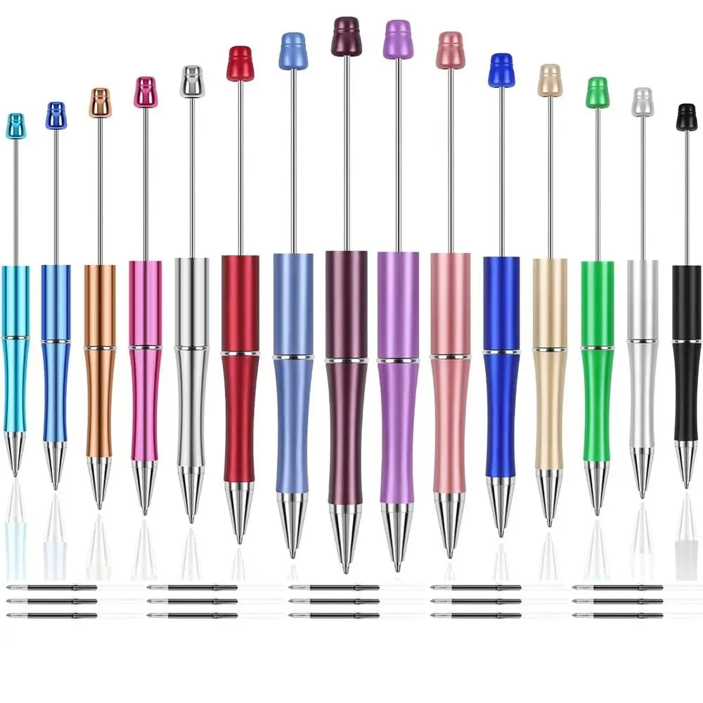 30-Pack Standard Beadable Pens Set, Includes 15 Pens & 15 Refills, Beadable Pens Bulk Colored Plastic, Black Ink Beaded Pens Diy Pen, Bend Pens for Make Gifts for Students, Aesthetic Pens, Writing Stationery, Office Stationery Supplies
