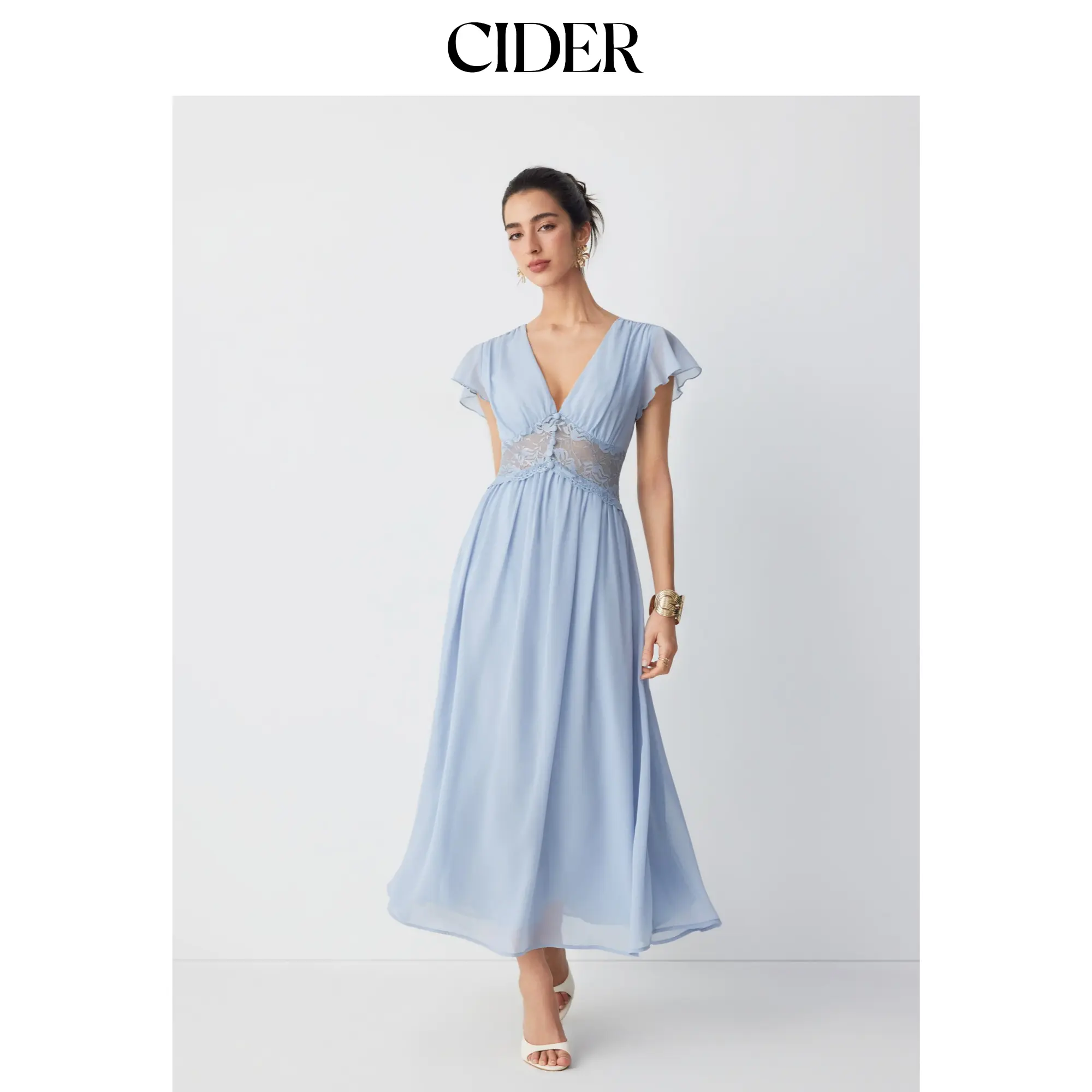 Cider Chiffon V-neck Ruffle Sleeve Lace Detail Draped Flared Maxi Dress SohoChic
