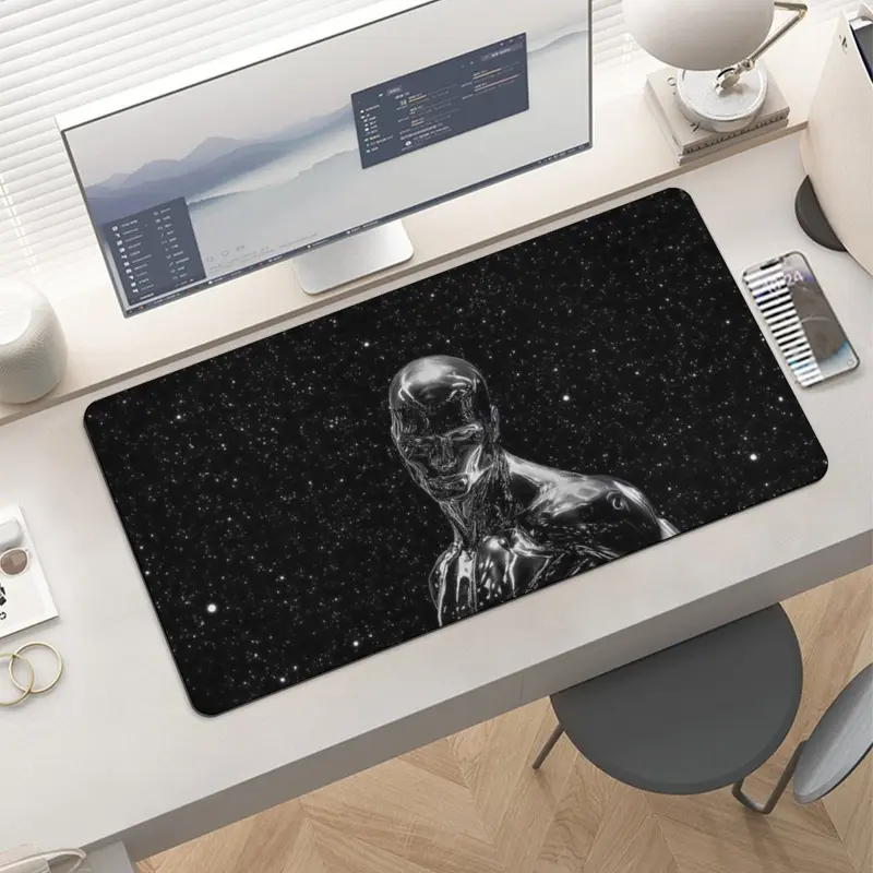 Metallic Chrome Silver Surfer Mouse Pad Large Outer Space Starry Night Desk Mat Cyberpunk Y3K Aesthetic Cinematic Room Decor Sci-Fi Character Gaming Keyboard Pad Cover for Adult Fans Computer Desk Mat