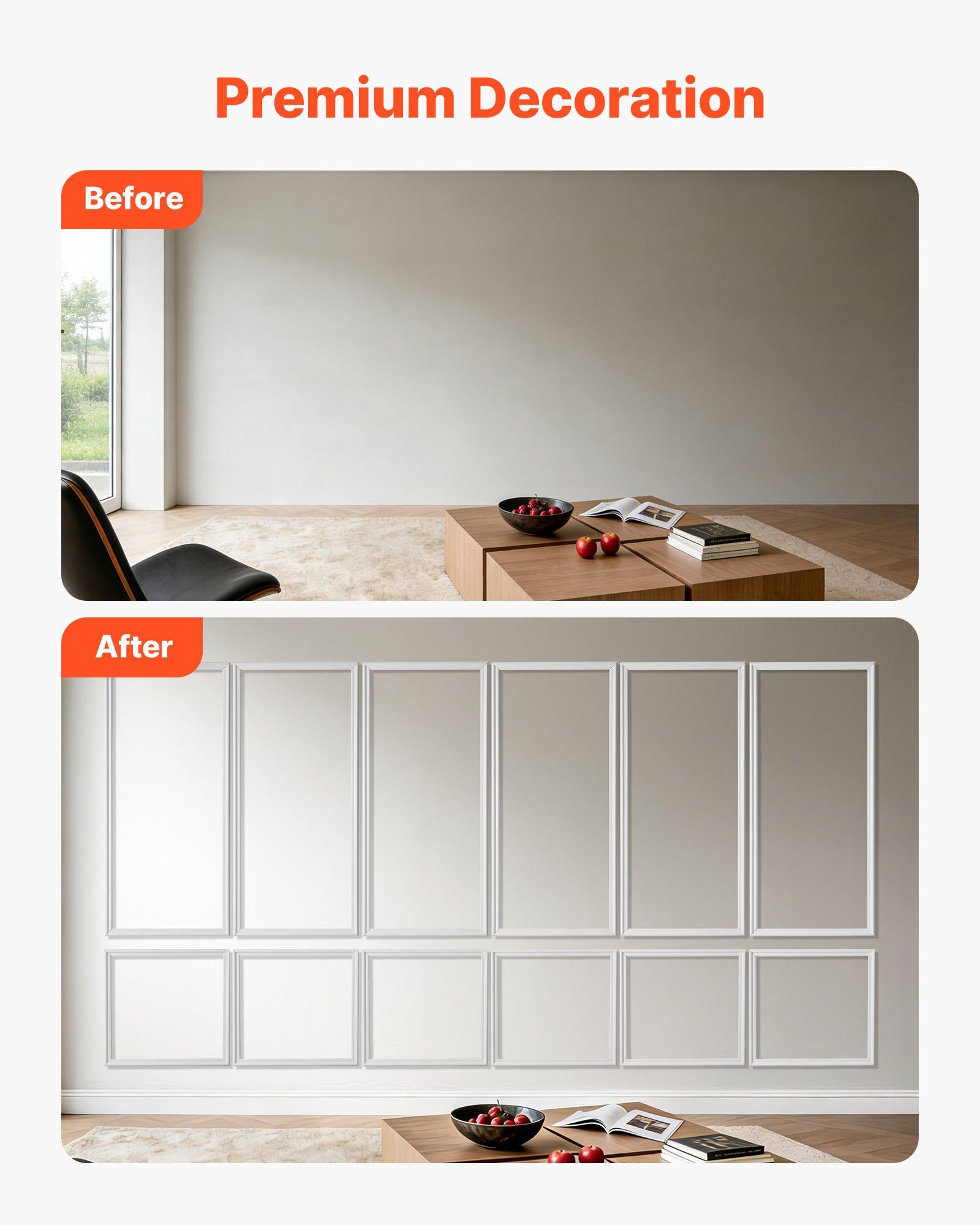 VEVOR Wall Molding 6 Pack, Wainscoting Panels Kit, Lightweight Paintable Polystyrene, Easy to Install, Waterproof Accent Wall Trim for Interior Décor Living Room, Bedroom, White (24x54 + 24x24 in)