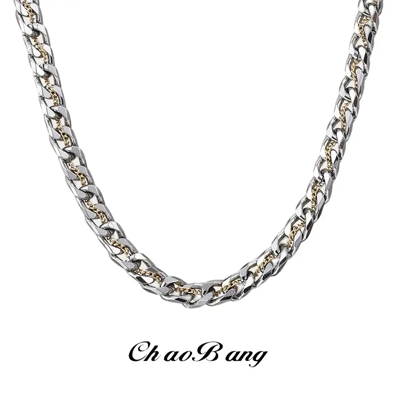 Tibetan gold, Cuban titanium steel necklace, men's trendy, versatile, niche, personalized design accessories, hip-hop, high-end sense, gift accessories