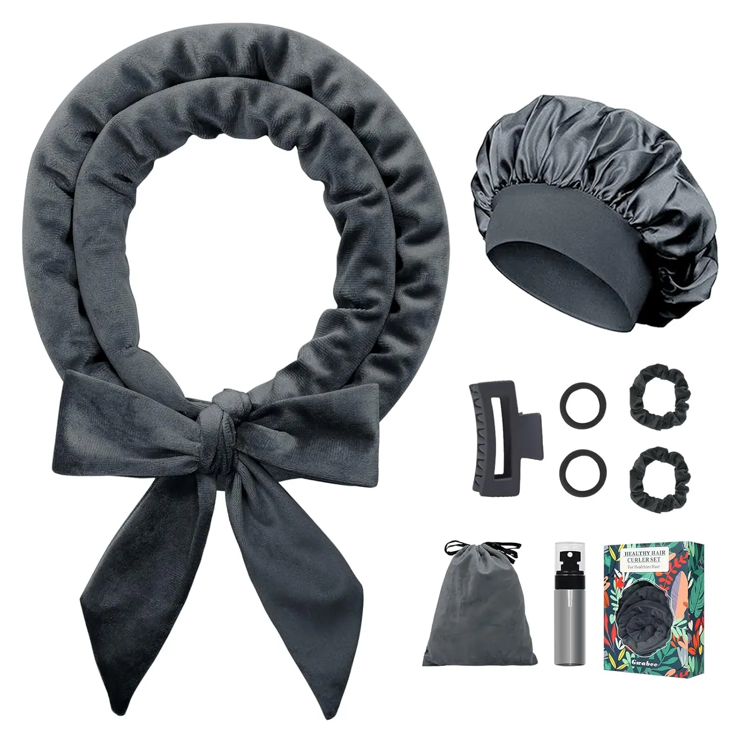 Heatless Curls Overnight, Velvet Hair Curler Headband to Sleep In, 70" No Heat Curlers for Long Hair, Easy Salon-Style Waves Gift Set with Bonnet & Storage Bag, Grey