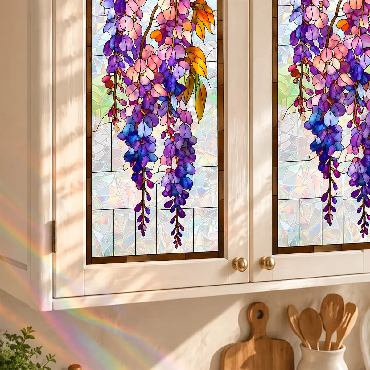 17x39.4in Wisteria Stained Glass Window Film, Floral Rainbow Privacy Cling, Decorative Frosted Sticker for Bathroom, Kitchen, Living Room