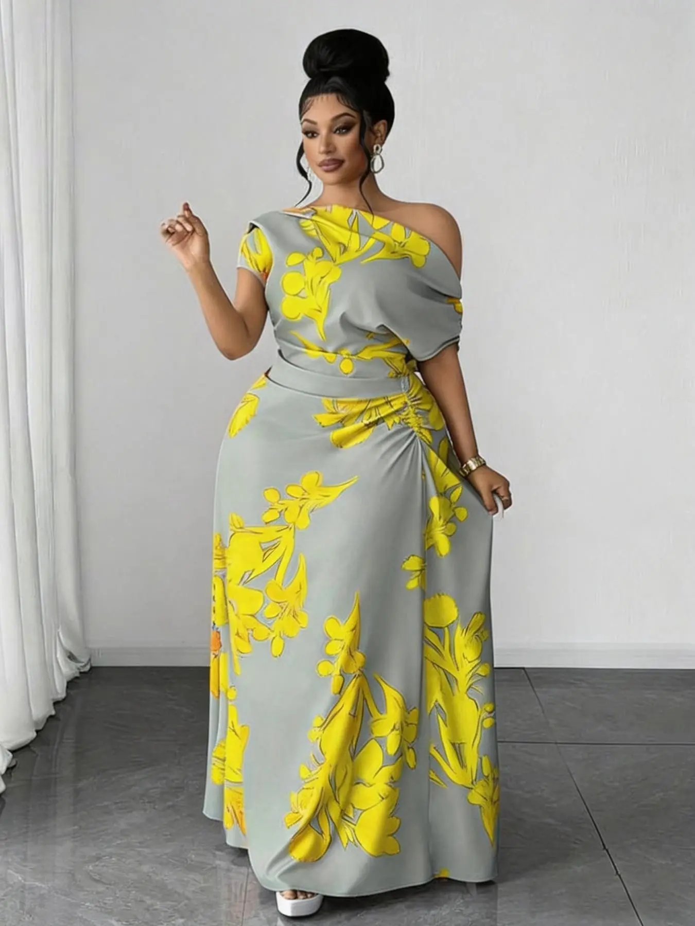 Plus Size Asymmetrical Shoulder Floral Print Dress, Summer Fashion Casual Elegant Ruched Waist Long Dress, Perfect for Parties and Weddings