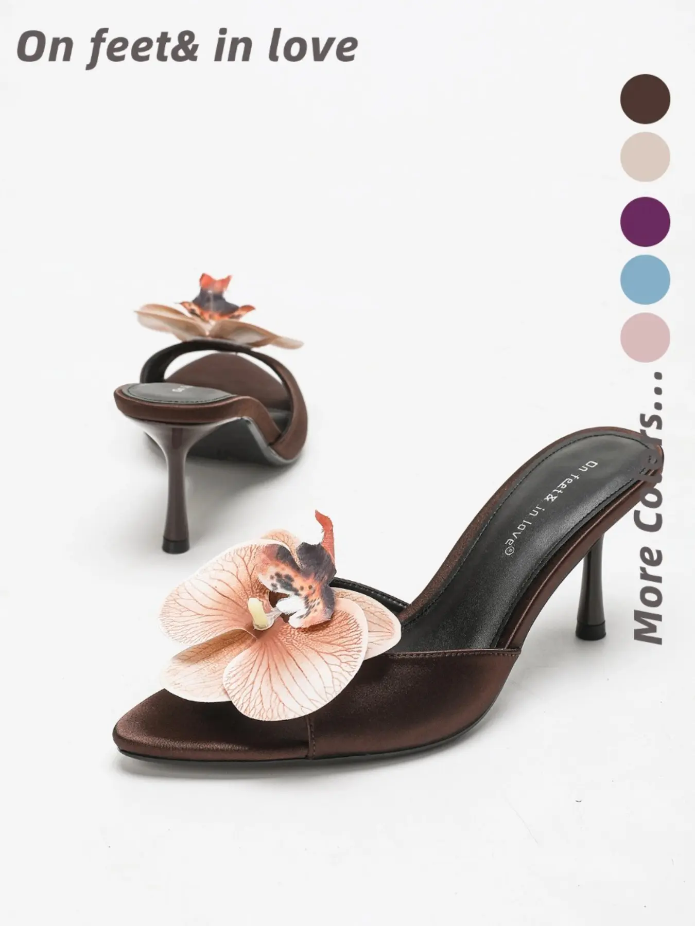 Women's Satin 3D Orchid Flower Decor Open Toe Slip-On Mule High Heel Sandals, Romantic Floral Design Elegant Dress Footwear with Soft Sole for Daily Outing Vacation Beach Trip Cocktail Party Evening Occasions