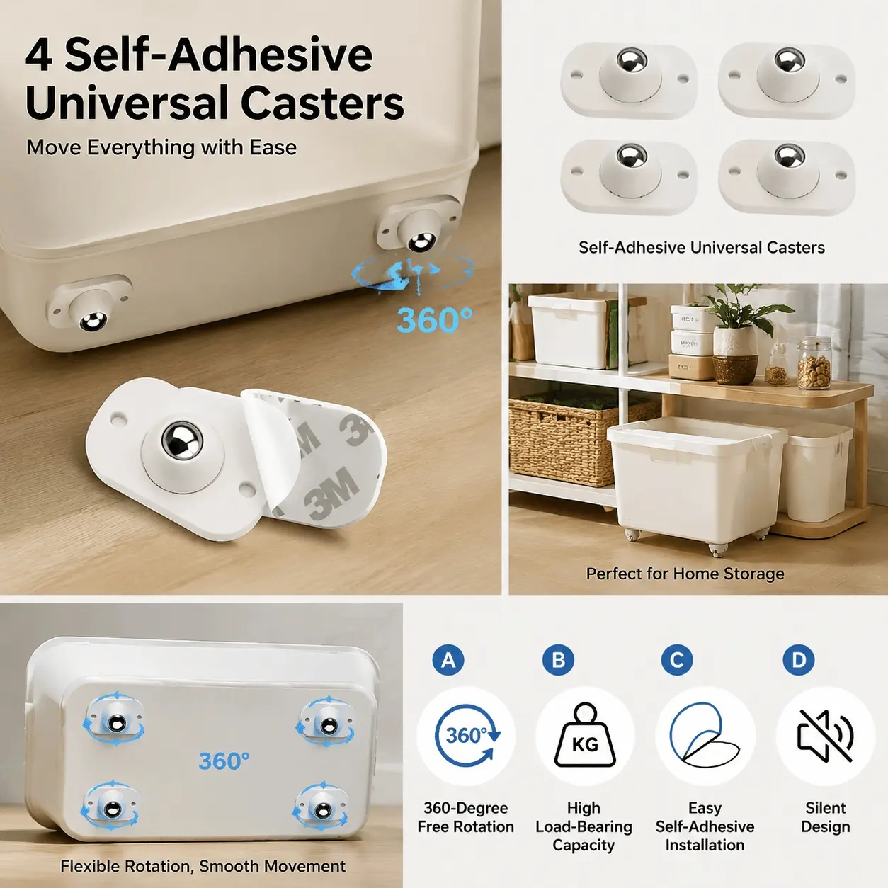 Self-Adhesive 360-Degree Swivel Casters, No Drill Furniture Wheels, Silent Mobility Rollers, Mini Heavy-Duty Sliding Pads for Cabinet, Suitcase, Storage Box, 8-Pack Durable Scratch-Resistant Removable Glides