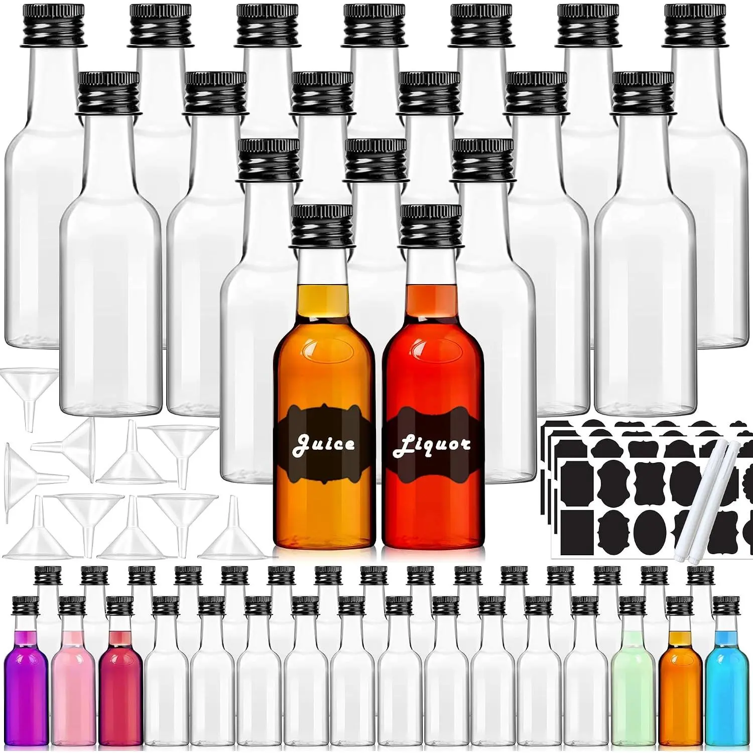 50 Pack 1.7oz Mini Liquor Bottles with Labels, Plastic Alcohol Bottles, Airtight Shot Bottles, Little Spirit Bottle with Funnel, Black Caps, Juice Bottle for Cocktail, Party Favors, Weddings