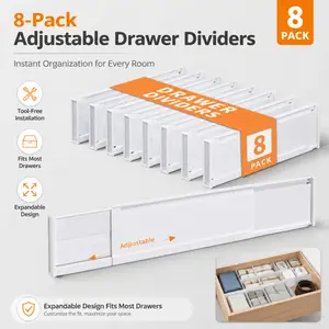 8 Pack Expandable Drawer Dividers, Tool-Free Adjustable Plastic Separators, Non-Slip Design For Kitchen Utensils, Clothes, Cosmetics, Office Supplies, Neat Storage Organizer For Bedroom And Bathroom Drawers