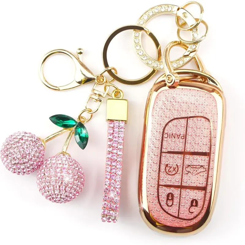 Women's Sparkly Bling TPU Smart Key Fob Cover with Cherry Keychain Decor, 5-Button, Key Protection, Signal-Safe, Tool-Free, Compatible with Dodge Charger Challenger Durango Jeep Wrangler Patriot Grand Commander (Gold Red)