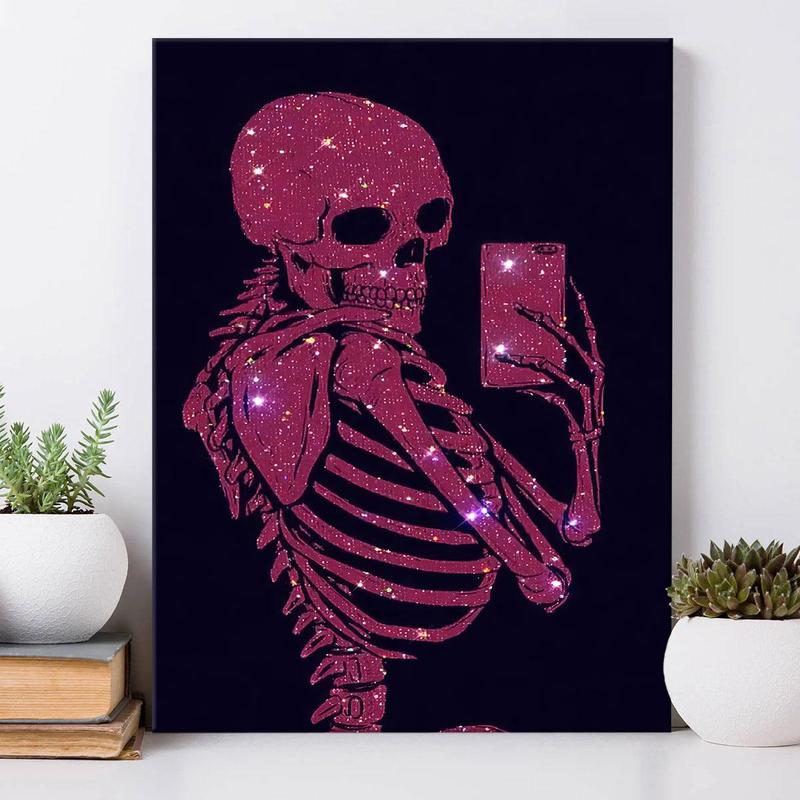 Glitter Skeleton Pattern Wall Art, Canvas Hanging Painting with Frame, Wall Decor, Creative Modern Decoration for Home Living Room Bedroom Office Study Room, Halloween