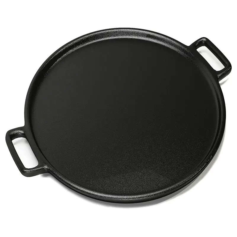 Thickened 14-inch cast iron pizza pan, flat round high-temperature resistant baking tray for home ovens, stable shape and even heat storage, ideal for baking.