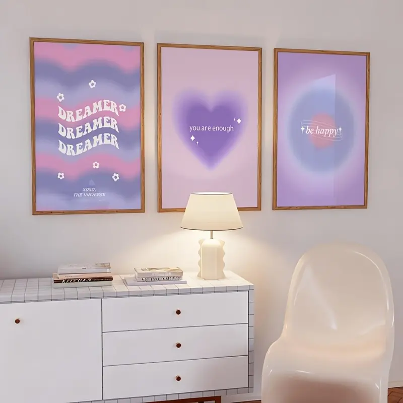 2D Flat, 2D Flat, 3pcs Aesthetic Y2K Purple Pink Gradient Wall Art, Positive Affirmation Quote Prints (Dreamer, You Are Enough, Be Happy), Preppy Motivational Decor for Teen Girl Dorm Bedroom, Trendy Modern Home Decoration, Frameless