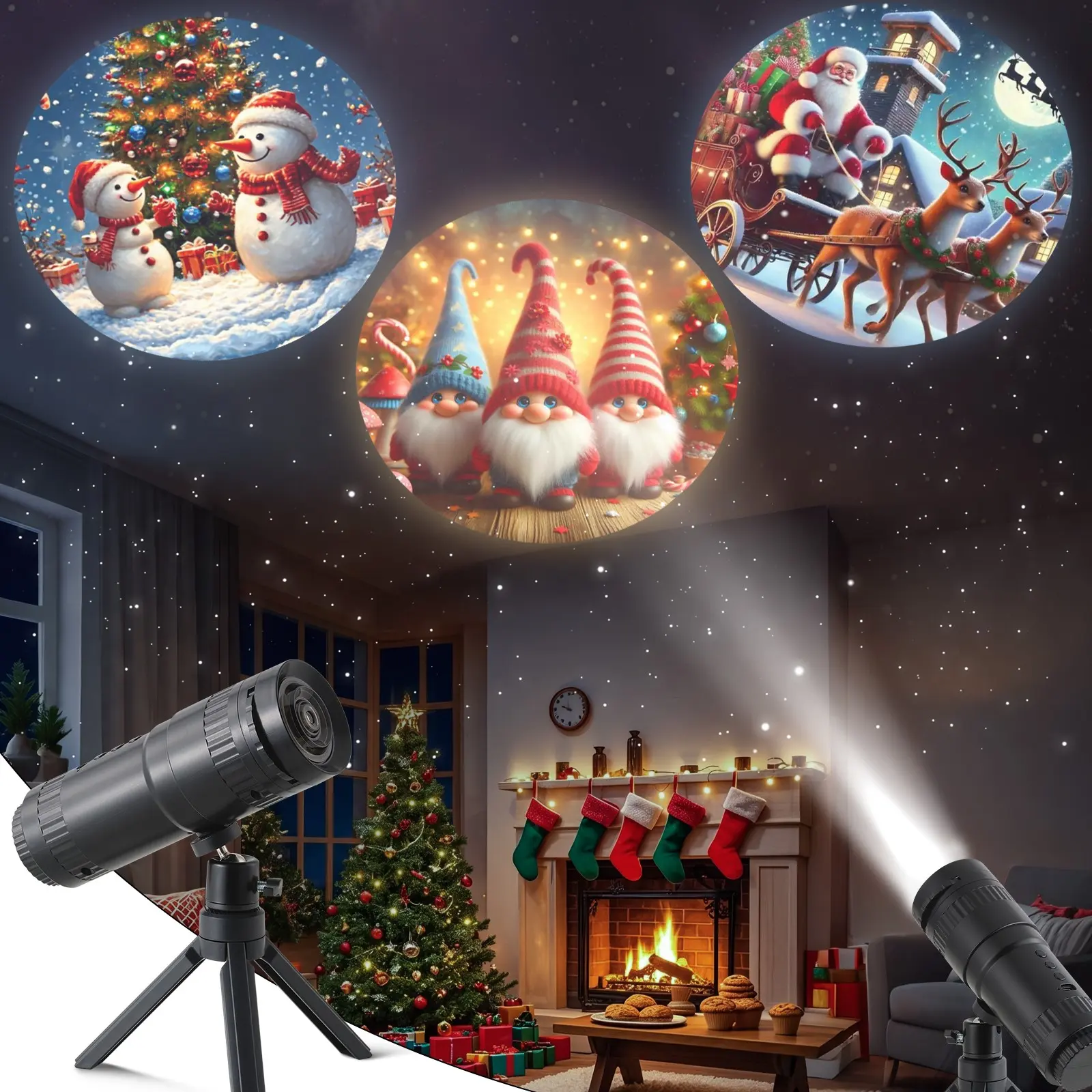Christmas Projector Night Light with Rechargeable Battery, 360 Degree Rotation, 16 Replaceable Patterns, Xmas Decorations for Bedroom, Party, Indoor Home Decor