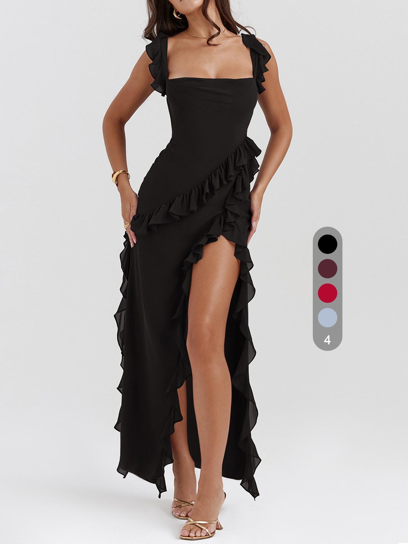 Women's Plain Ruffle Hem Split Thigh Dress, Elegant Slim Sleeveless Long Dress for Party Club Dating Wear, Ladies Summer Clothes