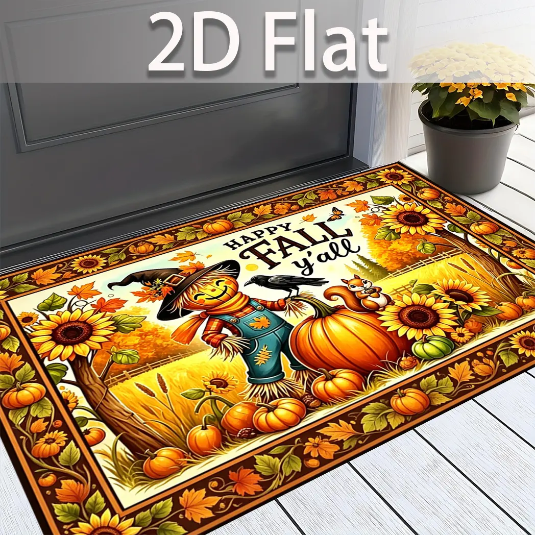 Flannel Floor Mat 2D Flat Scarecrow Happy Fall Carpet Autumn Decorative Non-Slip Doormat Suitable for entryways, hallways, balconies, garages, and various other locations. Outdoor carpet, balcony and courtyard mat. Summer decoration | Autumn decorations