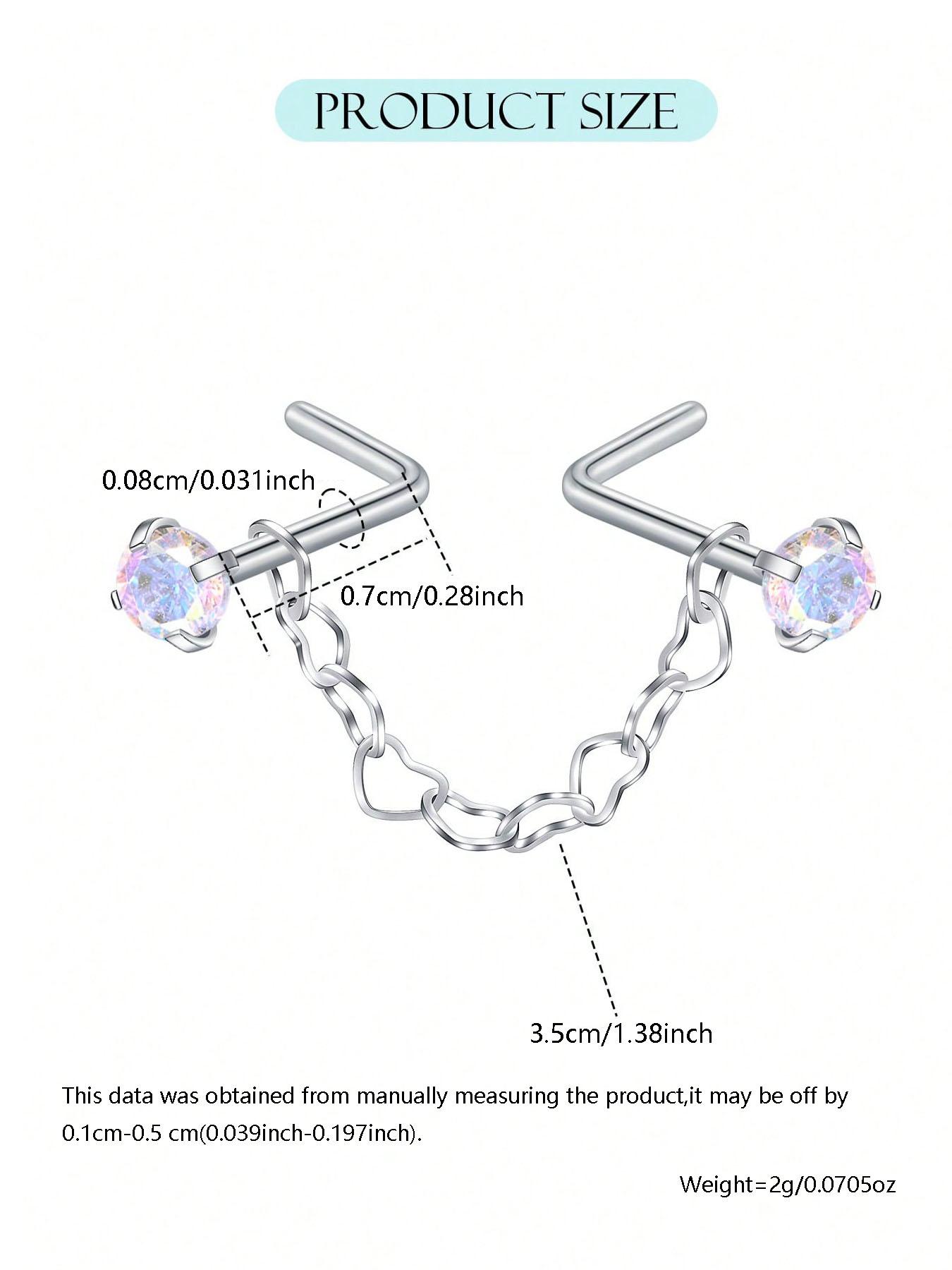 Fashion Stainless Steel Nose Ring with Chain, Cubic Zirconia Heart Design, Synthetic Zircon L-Shaped Piercing Jewelry
