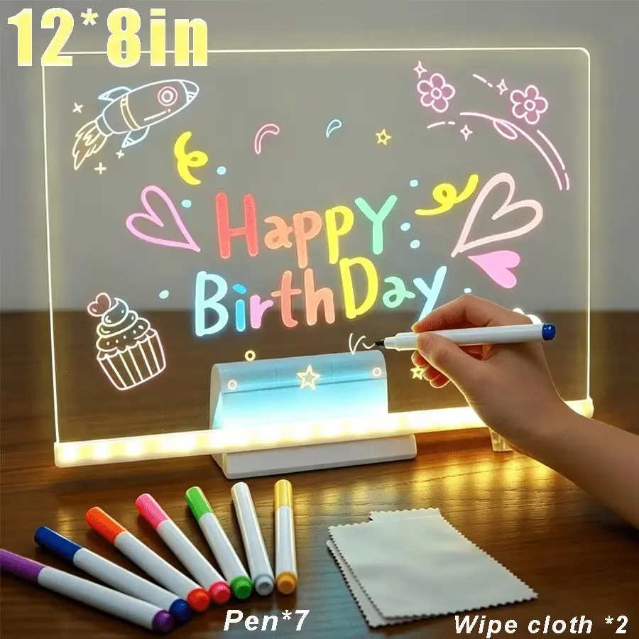 LED Compatible Erasable Acrylic Sketch Board, Includes 7 Fluorescent Pens, Stand, Wipes, Ideal for Drawing, Classroom, Office, Artist Gift
