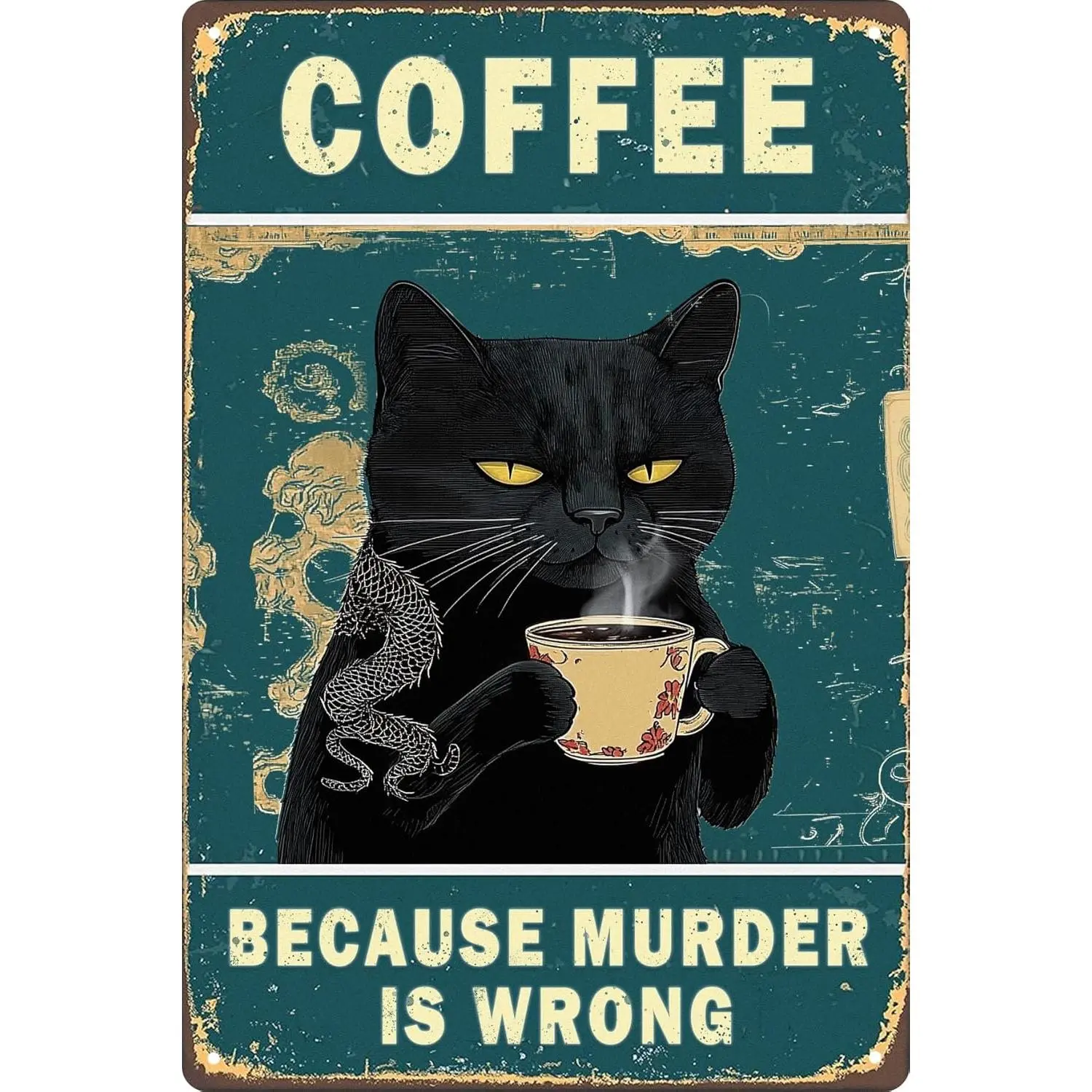 8x12 in Decorative Black Cat Metal Tin Sign, Funny Sarcastic Kitchen Wall Decor for Coffee Bar & Man Cave, Home Gift (Because Murder Is Wrong), Room