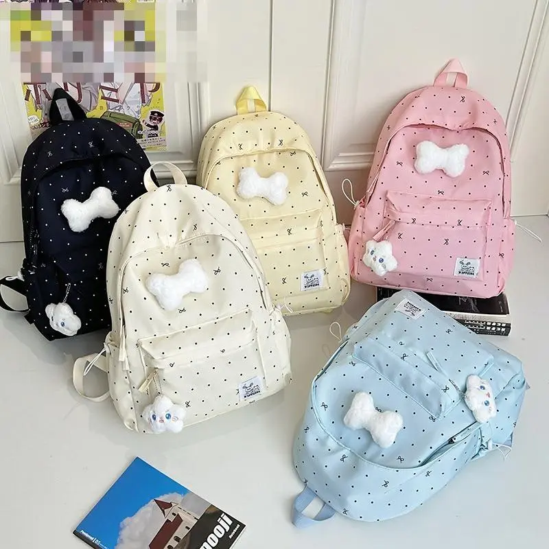 Stylish Eye-Catching Polka Dot Bow Backpack for Junior High & High School Girls, Versatile Cute Aesthetic Casual Daypack, Daily School Bookbag for Campus, Shopping & Weekend Outings