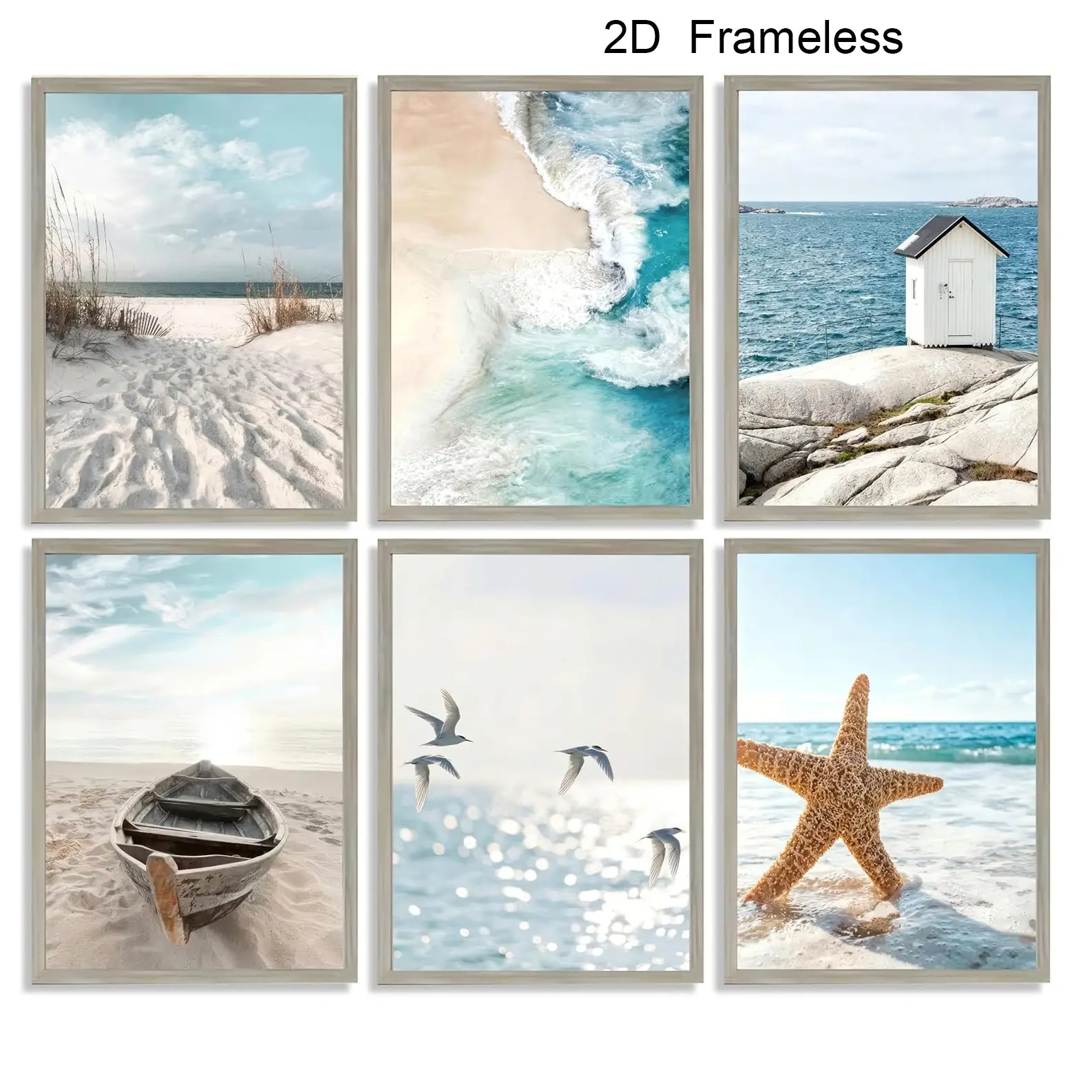 Set of 6  Coastal Beach Murals, Seascape Wall Decor, Blue Ocean, Starfish, Seagulls, Posters, Summer Art, Seaside Wave Art—Perfect for Living Rooms, Bedrooms, Dorm Rooms, and Home Decor   Frameless