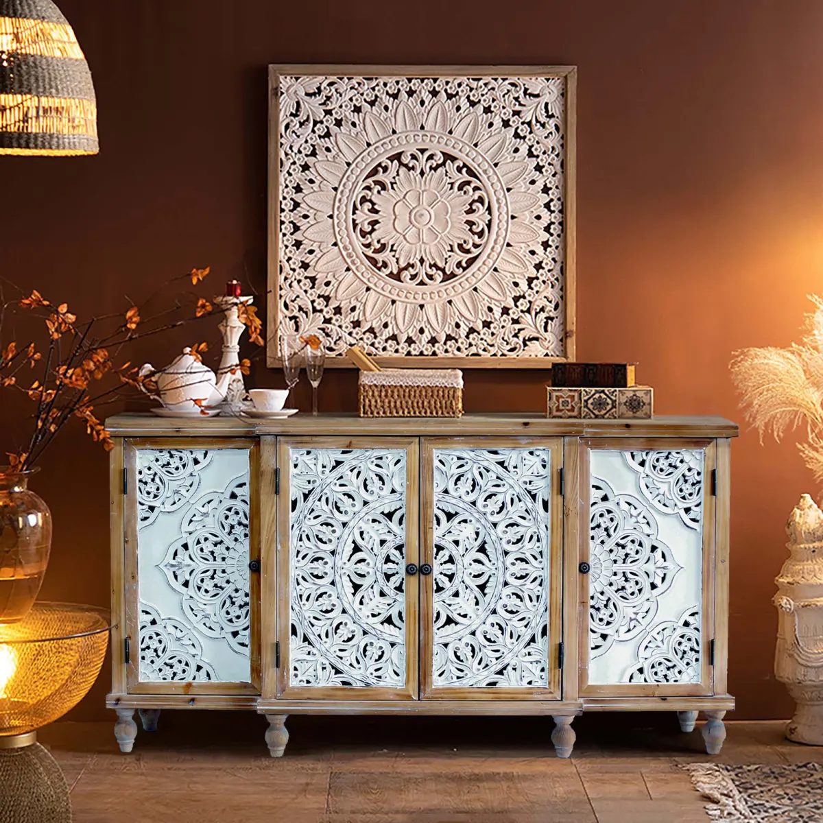 Vintage 4-Hollow Floral Carved Accent Storage Cabinet, Solid Fir Wood Frame & Fir Veneer MDF with Adjustable Shelf, Handcrafted Freestanding Sideboard for Living Room, Entryway Home Decor