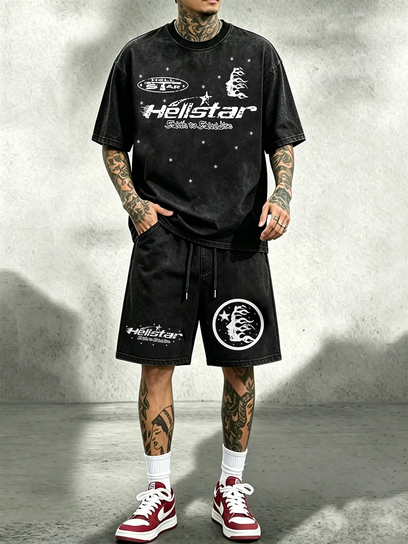 American Vintage Dark Streetwear Set, Washed Tie-Dye Star Flame Short Sleeve Shorts, Men's Summer Fashion Casual T-Shirt and Pants Two-Piece Set