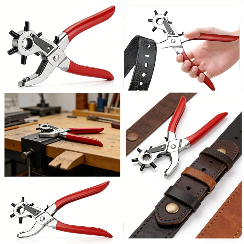 Rotary Head Hole Punch Pliers - Multi-Size DIY Tools with 6 Interchangeable Bits, Stainless Steel Hole Making Tool, Non-Slip Coated Handle, for Faux Leather Belts, Stiff Cardboard/Paper, Straps, Home Projects