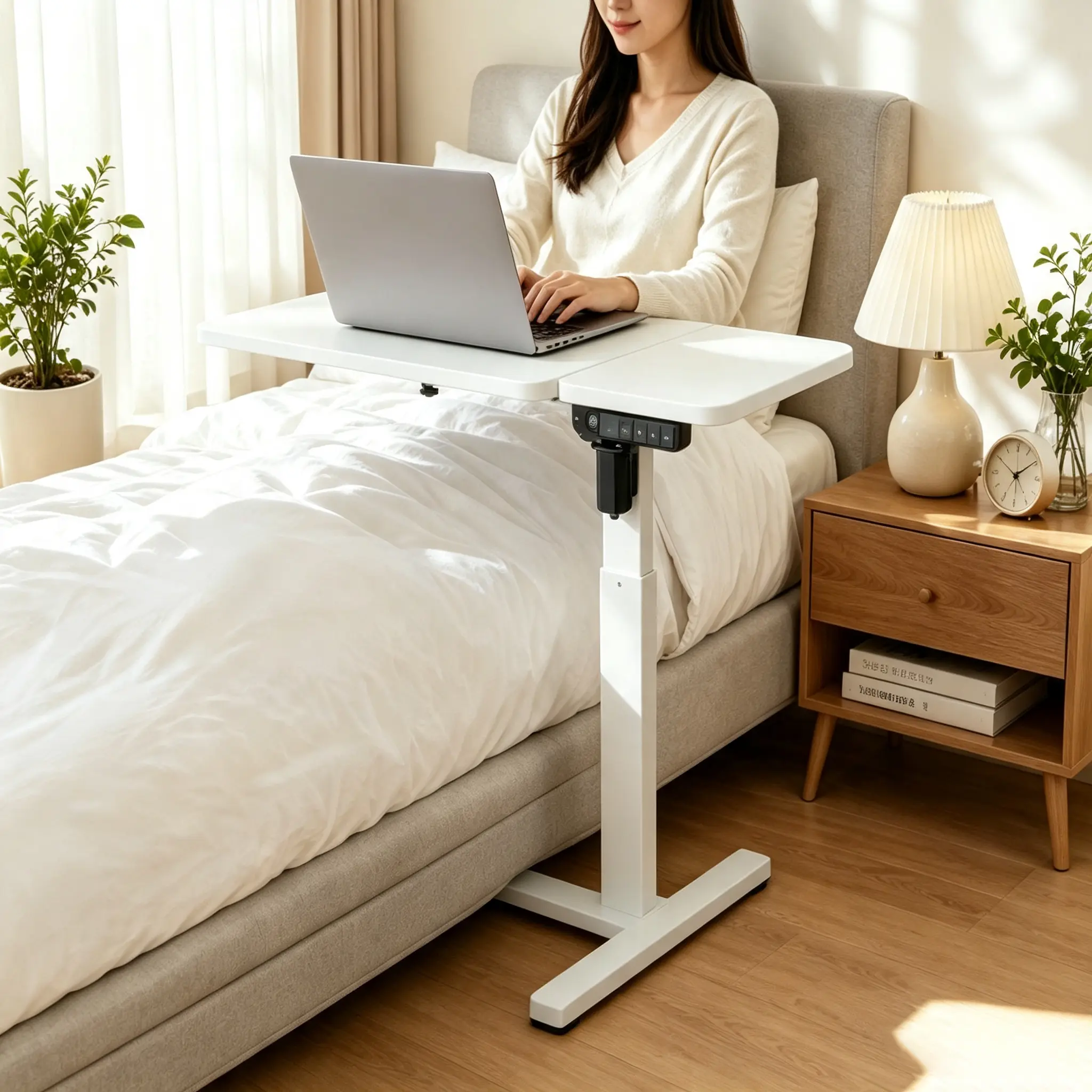 Height-Adjustable Electric End Table with Tilting Surface Mobile Rolling Desk Space Saving Bedroom Furniture for Reading Laptop Use Expandable Dining