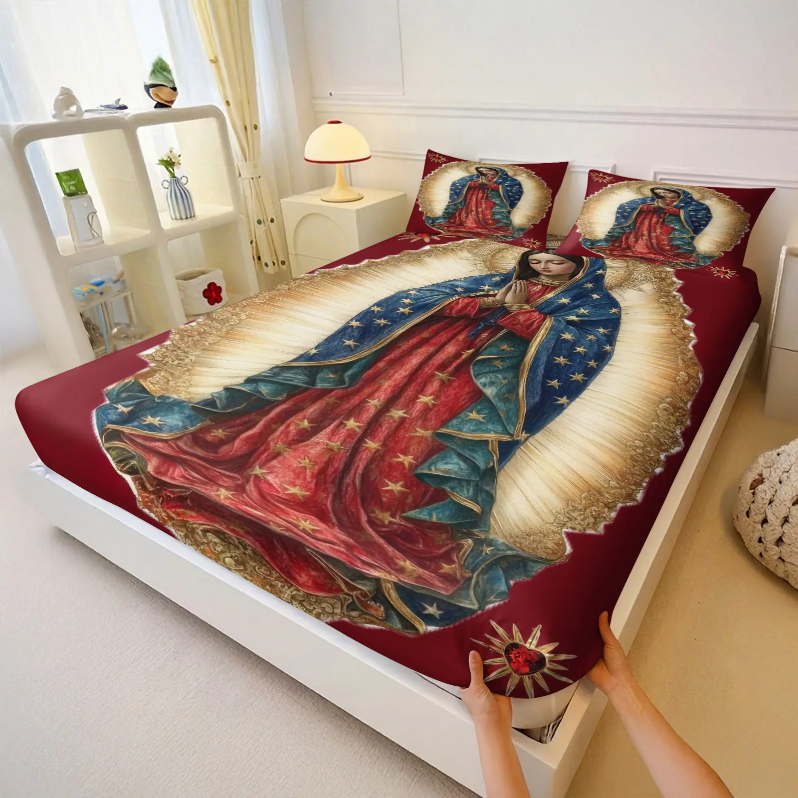 Burgundy Virgin of Guadalupe 3pcs Fitted Sheet Set, Mexican Religious Ethnic Bedding, Soft Microfiber for Spiritual Bedroom, Birthday Gift
