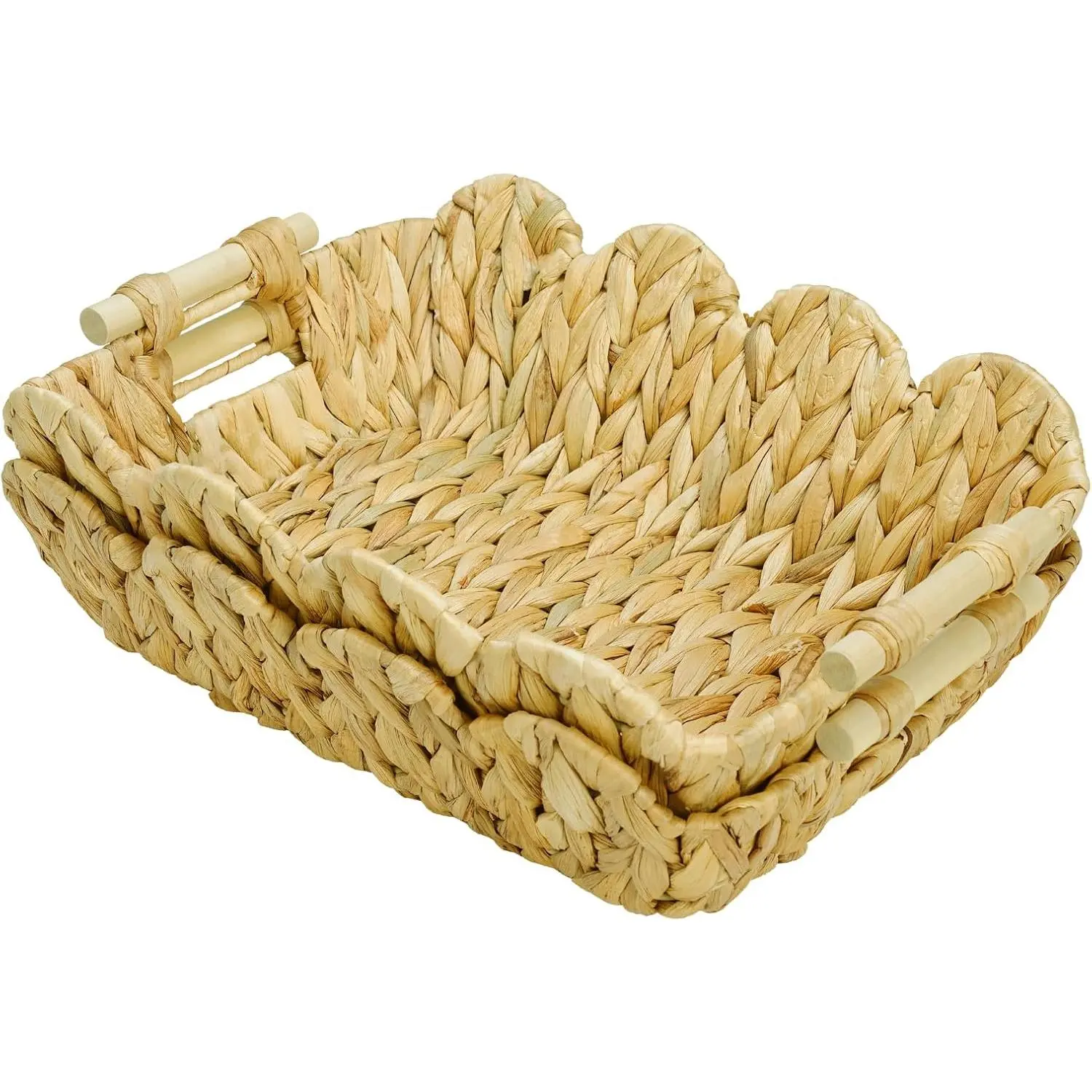 2Pack Scalloped Edge Wicker Basket,Hand-Woven Rattan Baskets with Wooden Handles,Natural Water Hyacinth Basket for Laundry,Shelves,Gift Basket