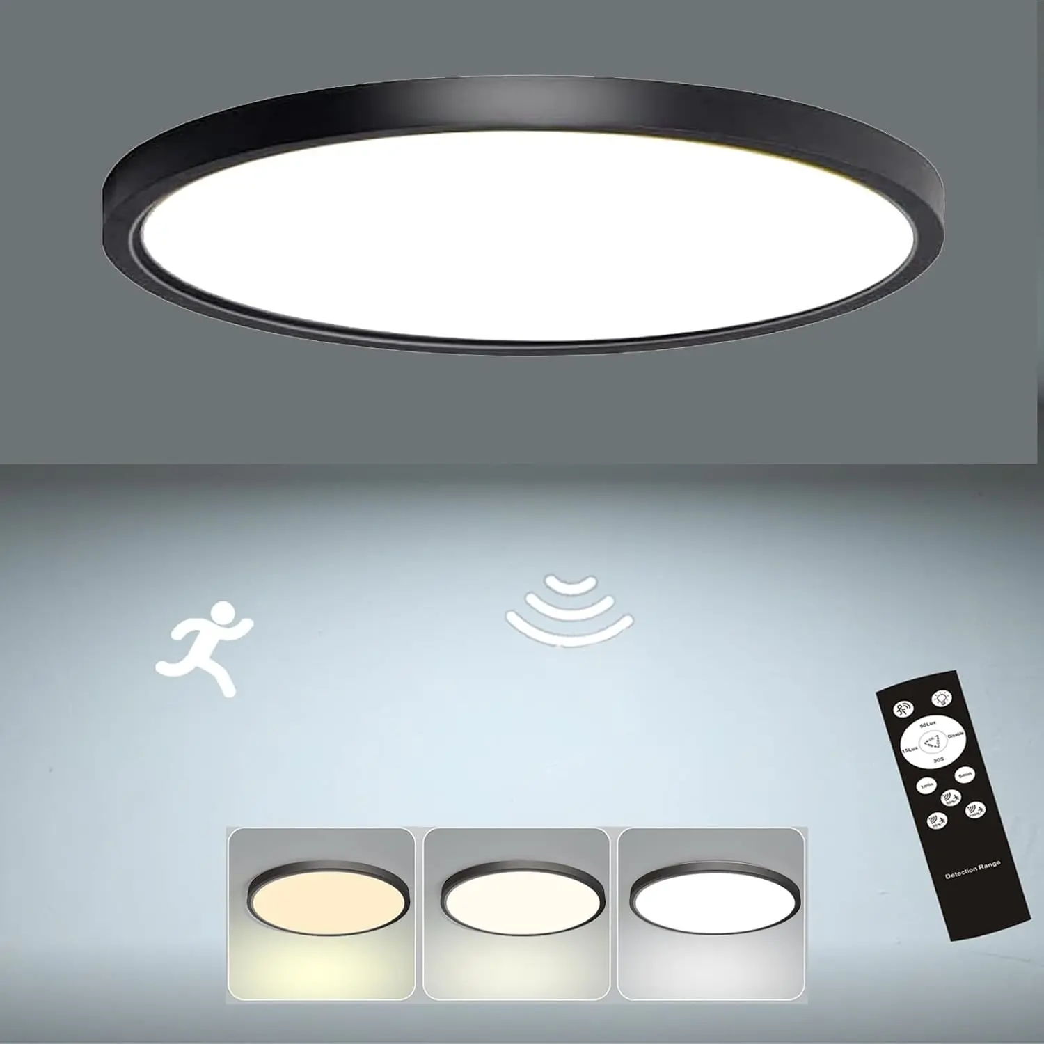 12 Inch Wired Motion Sensor Ceiling Light with Remote, Dimmable Timer for Closet Hallway Stairs Basement, 3000K/4000K/6000K Black