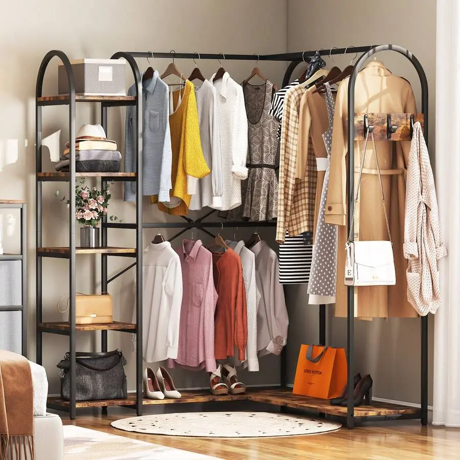 Industrial Metal L-Shape Corner Wardrobe Closet Rack - Adjustable Hanging Rods, Storage Shelves, Numbered Parts, MDF Frame, Industrial Look Space-Saving Open Wardrobe Organiser for Bedroom, Shoe, Corner L-Shaped