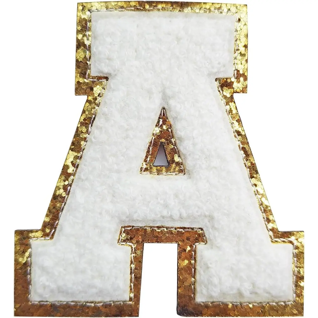 3Pcs Iron-On White Varsity Glitter Chenille Letter Patches - 3.1in Ht Letter A Alphabet Cloth Patches for Team Decor