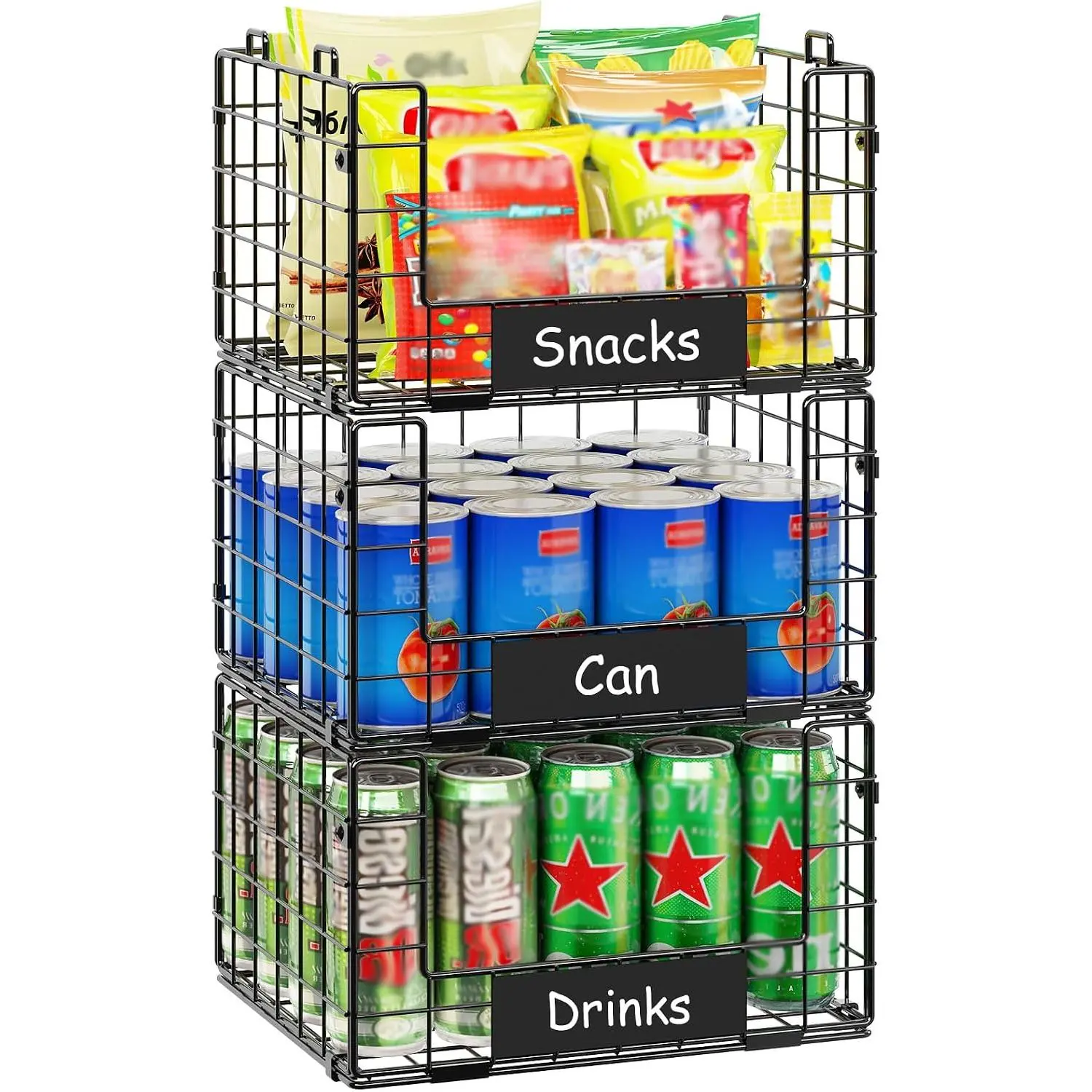 3 Pack XL Stackable Wire Baskets with Handle, Pantry Organizers and Storage