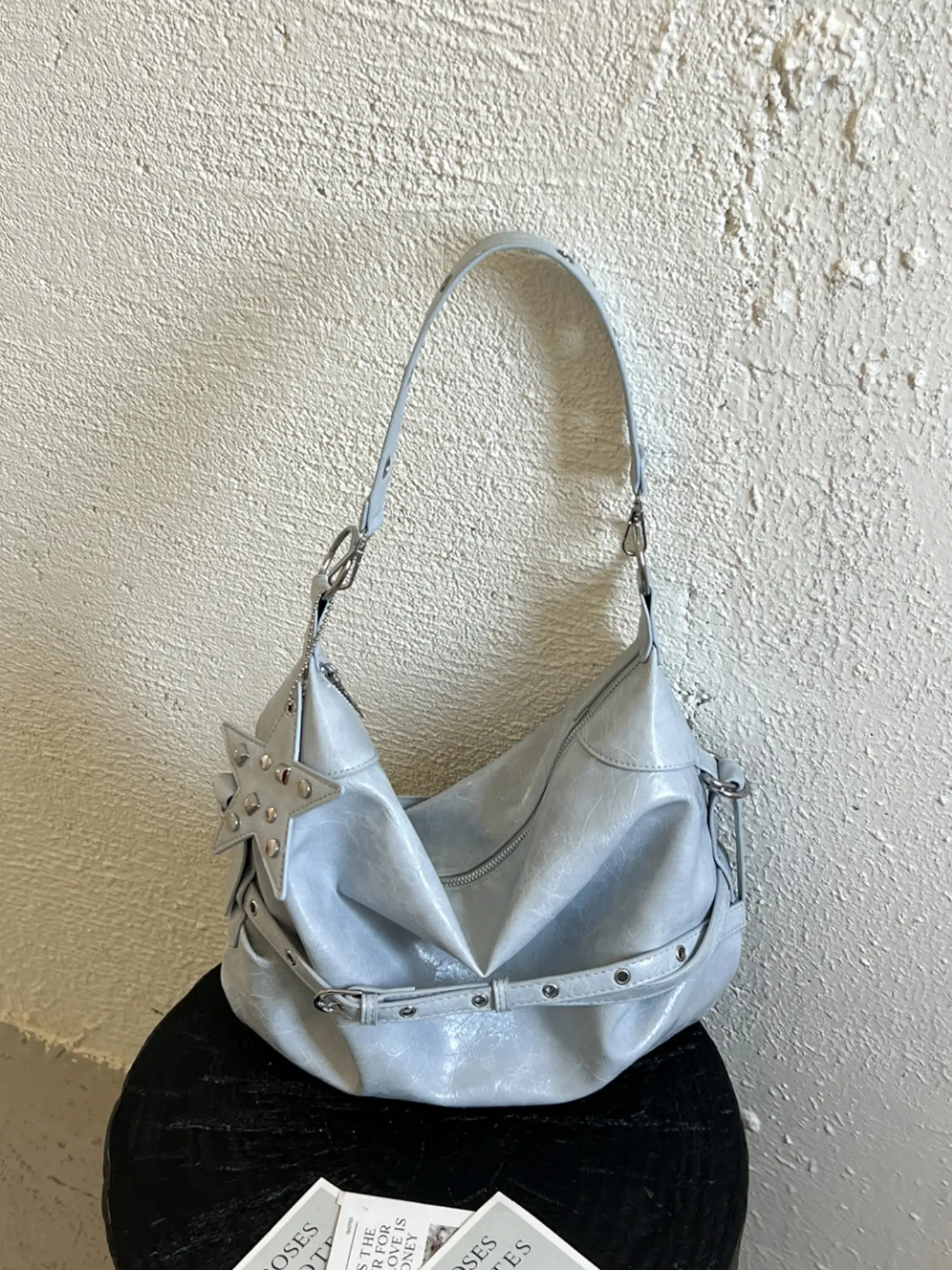 1Pc Pale Blue Crinkled Surface Slouchy Hobo Bag Studded Star Charm Accessory Dual Strap Design Adjustable Shoulder Belt Fashion Crossbody Purse For Ladies Weekend Gathering Daily Street Matching Slouchy Shoulder Handbags