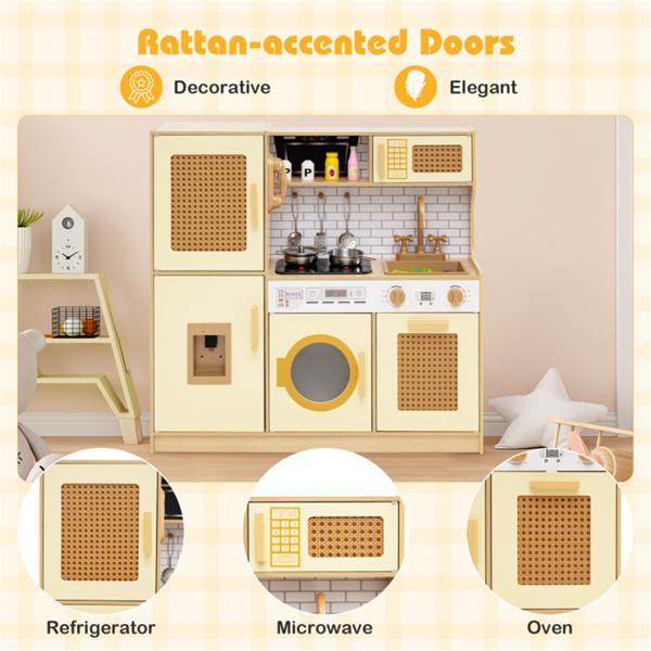 Kids Wooden Kitchen Playset 3+ with Fridge Sink Washing Machine with Realistic Light Sound Rattan Doors - Yellow