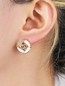 Circular Geometric Double Ring Shell Stud Earrings, Luxe Commuter Style, Trim, Zircon Stone, Office Wear Jewelry