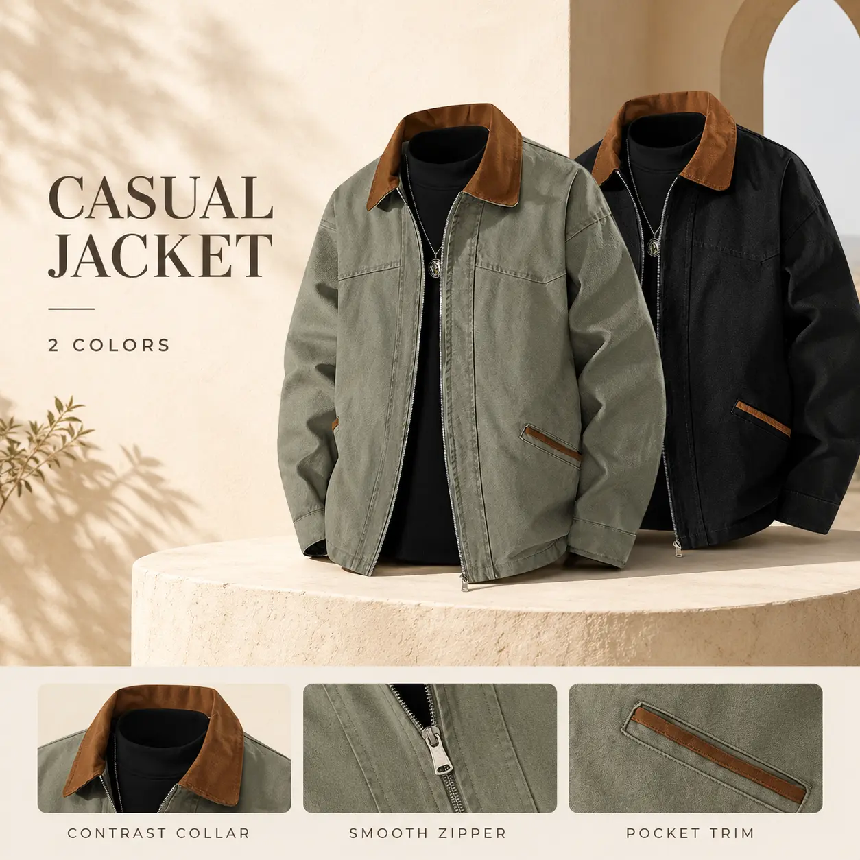 Vintage Color Block Collar Work Overshirt Men Metal Zip Casual Fall Street Jacket