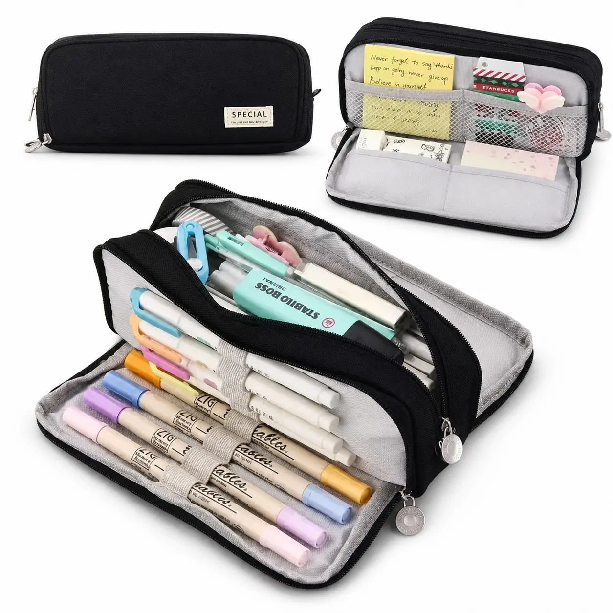 Large Capacity Multi-Compartment Pencil Case, Oxford Fabric Dual Zipper Multifunctional Stationery Organizer, Mesh Pocket and Elastic Pen Slots, School Office Travel
