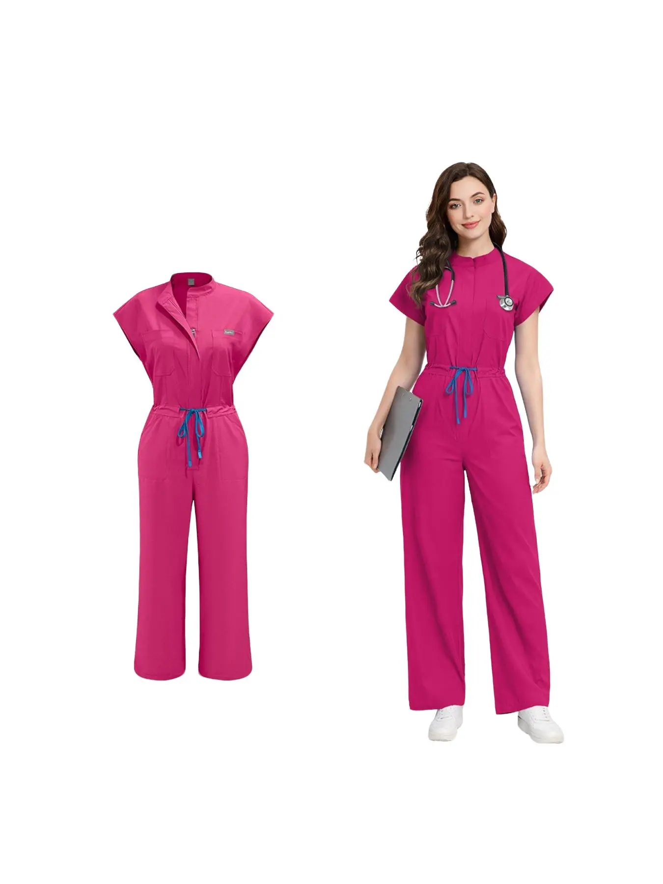 Multicolor Clinic Operating Jumpsuit with Pockets One-piece Clinical Scrub Clinic Doctor Nursing Uniforms Short Sleeve Pocket Pet Hospital Workwear