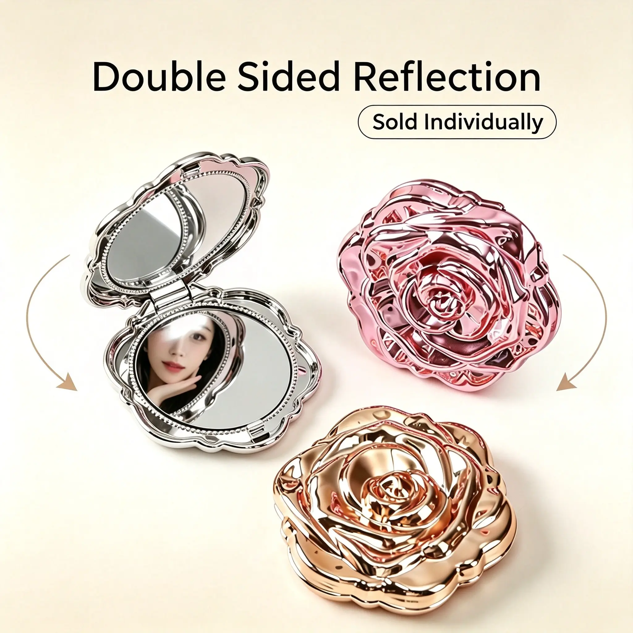 Foldable Portable Small Mirror, Foldable Makeup Mirror, Electroplated Rose Design, Traditional Style, Simple Fashion, High-End Glass Surface, Single Item
