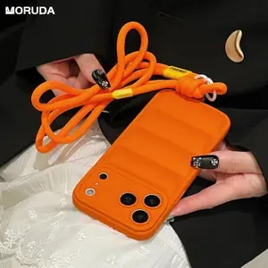 Luxury Lanyard Down Jacket Soft Case for iPhone 16 17 Pro Max Air 14 15 Plus 11 12 13 X Xr Xs Crossbody Candy Pure Color Cover