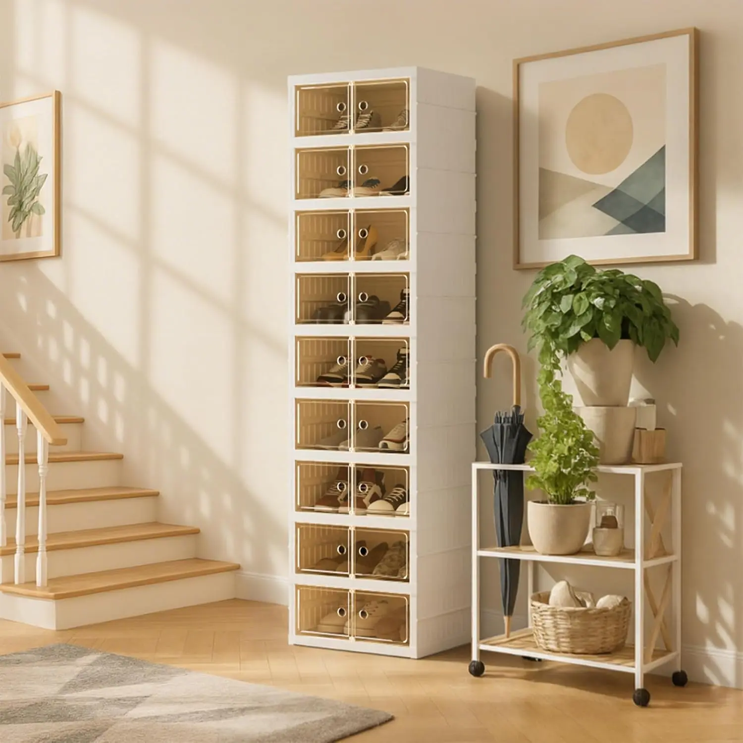Foldable Shoe Organizer Storage Box, Portable  Folding Shoe Rack for Closet, Shoe Storage Box with  Transparent Door and Wheels, 9 Layers 18 Grids