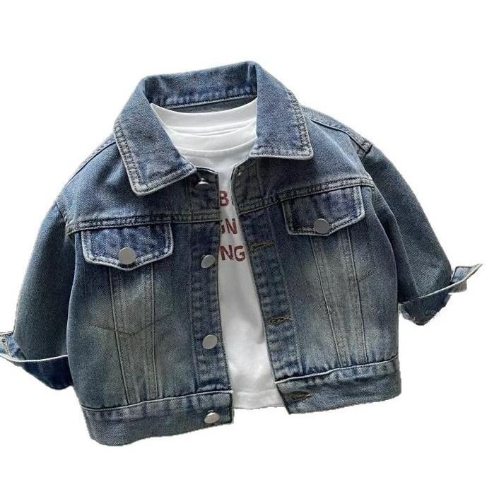 Boys' Spring Fall Denim Shirt-Style Jacket Korean Design Kids Long Sleeve Top Casual Solid Color Coat with Fiber Button Closure Stand Collar All-Season Indoor Outdoor Apparel