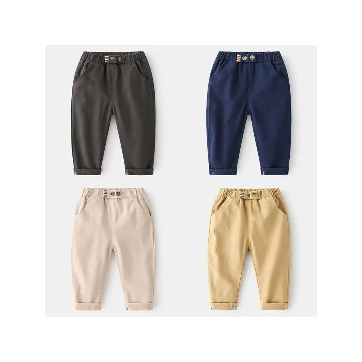 Boys' Plain Full-Length Polyester White Casual Pants - Slim, Regular Fit, Elastic Waist, Slight Stretch Kids' New-Style Bottoms