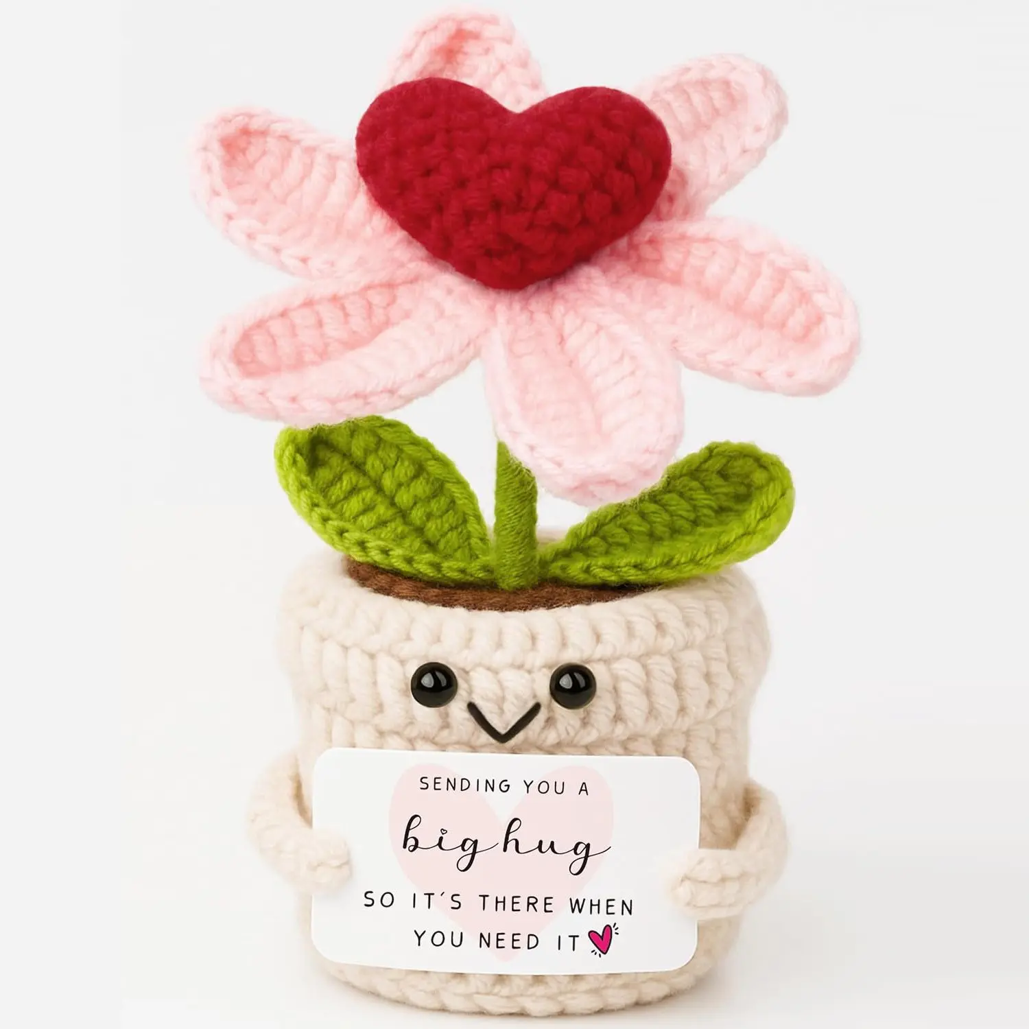 Thinking of You Gifts for Women Crochet Heart Flower Plant - Sending You A Big Hug - Cute Handmade Desk Decor Gift Baskets - Unique Get Well Soon, Sympathy, Friendship for Her Him