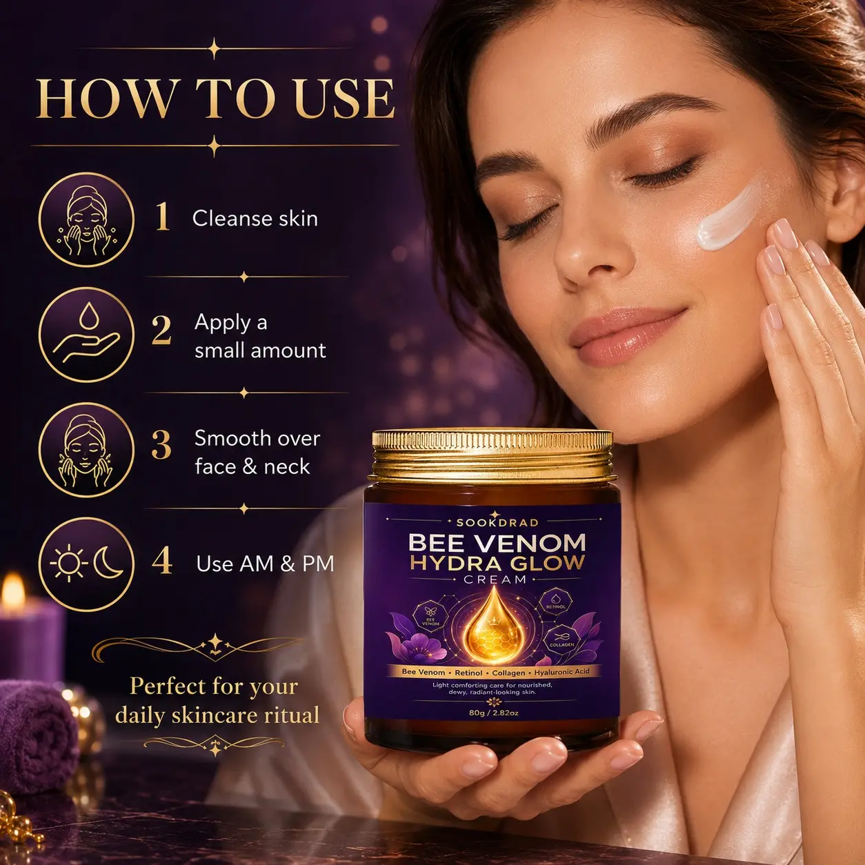 Bee Venom Hydra Glow Cream, With Retinol, Collagen, Hyaluronic Acid, Nourishing Hydrating Cream, Suitable For Face, All Skin Types, 80g