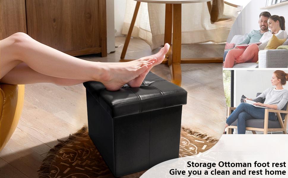 Storage Ottoman Folding Foot Rest Stool, Leather Footstool Bench, Short Ottoman Stool, Storage Foot Rest Store, Books (Black, 17" D x 13" W x 13" H)